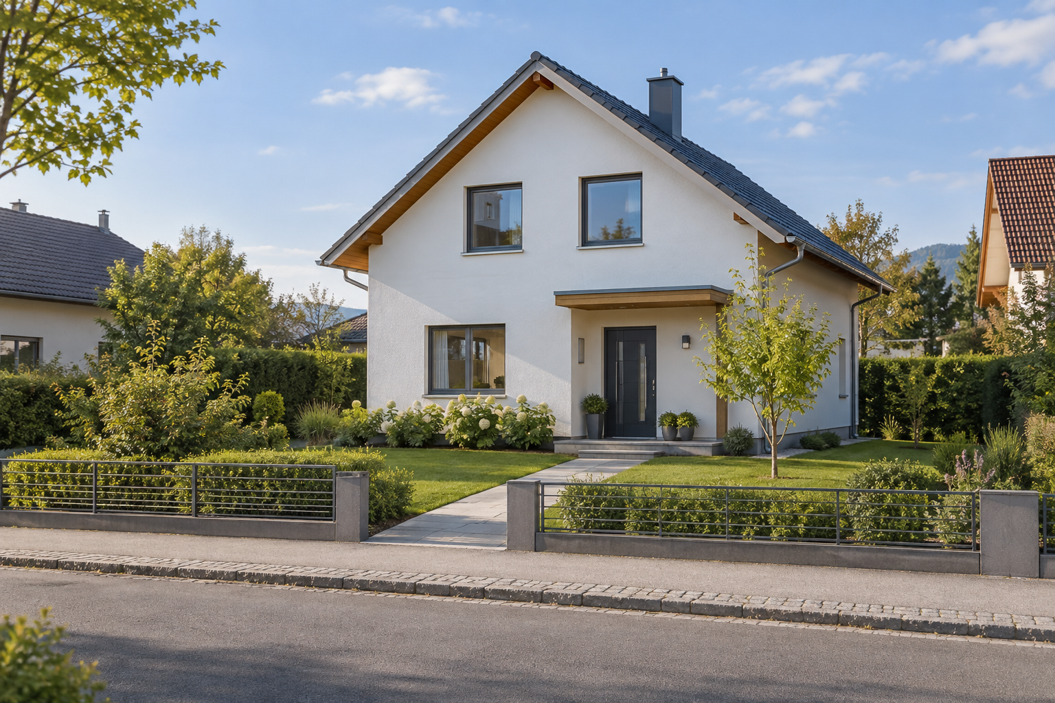 Vollständig sichtbares Wohnhaus mit Garten, Eingang und Dach in einer Wohnstraße